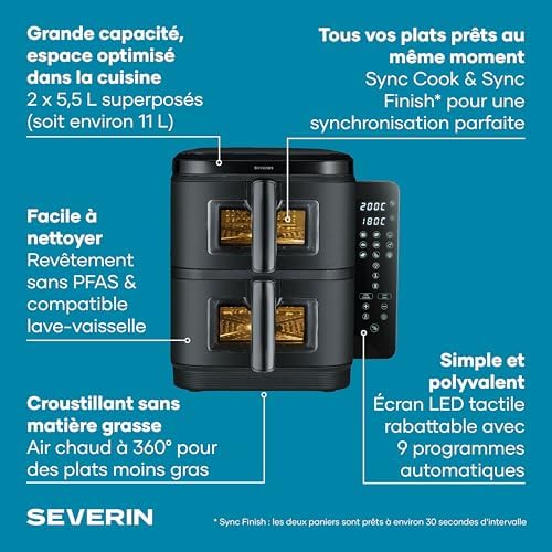 Friteuse à air chaud S-Fry Duo Stack, Air fryer 9 programmes, Friteuse sans huile avec 2 paniers empilés de 5,5 L chacun sans PFAS, Multicuiseur à écran tactile, Noir, FR 9598