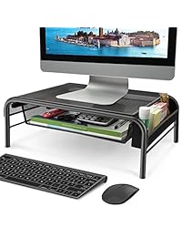 Soporte para monitor de metal de malla, monitor e impresora, elevador de escritorio con cajón de almacenamiento extraíble y bolsillos laterales con compartimentos, capacidad para hasta 44 libras, negro, para ordenadores, ordenadores portátiles, impresoras