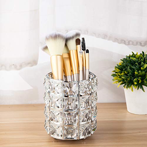Feyarl 2pcs Crystal Beads Makeup Brush Holder Silver Bling Handcrafted Comb Brush Pen Pencil Holder Pot Cup Storage Cosmetic Tools Organizer Container Candle Holder for Bedroom Dresser Bathroom Office