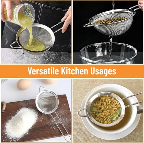 OKHOUSE 5 Pcs Coladores de Cocina de Malla Fina Acero Inoxidable, Colador de Pasta, Separador de Salsa, con Mango Largo,para Cocina Escurridor de Verduras, Harina para Hornear, Freír Drain y Rinse ﻿