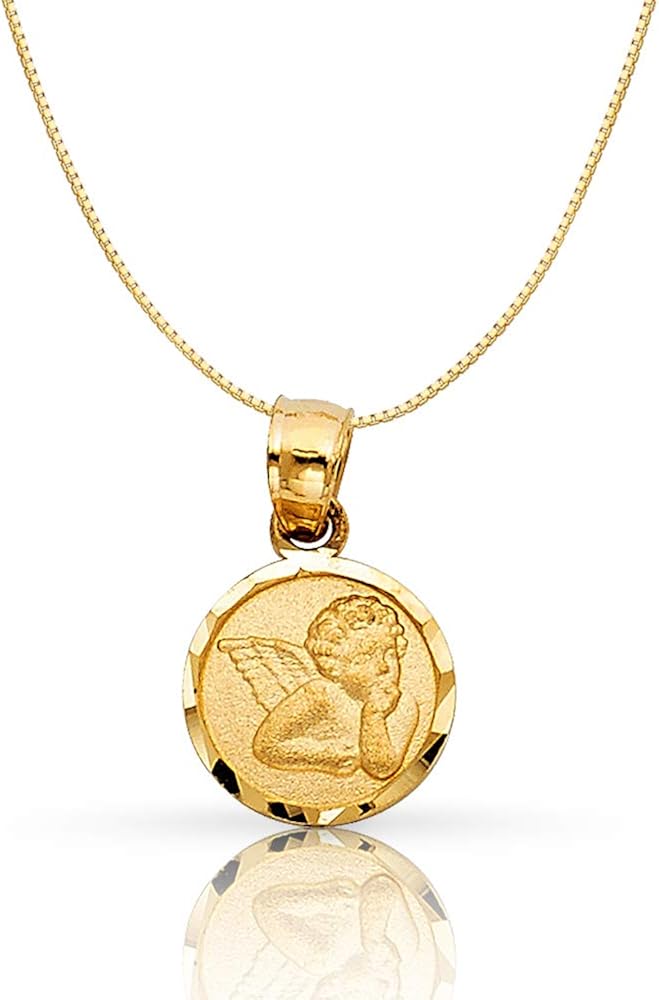 14K Yellow Gold Small Angel Religious Charm Pendant with 0.5mm Box Chain Necklace - 16": Clothing