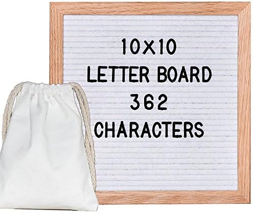 White Changeable Felt Letter Board 10x10 Oak Frame with 362 Black Plastic Characters and More Emojis Wooden Message Board Sign Free Storage Bag,Wall Mounting Hook