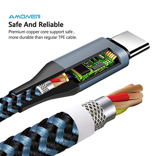 Amoner USB Type C Cable, Braided USB-C to USB-A Charger (3 Pack/3 Ft) with Reversible Connector Compatible with Samsung Galaxy S10 S9 S8 plus Note 9 8, Moto Z, LG V30 V20 G5, USB C Devices (Blackblue)