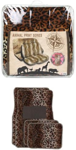 Universal Fit Automotive Gift Set Two Lowback Front Seat Covers, One Rear Bench Seat Cover, One Steering Wheel Cover, Two Shoulder Pads, and Four Floor Mats - Leopard Tan