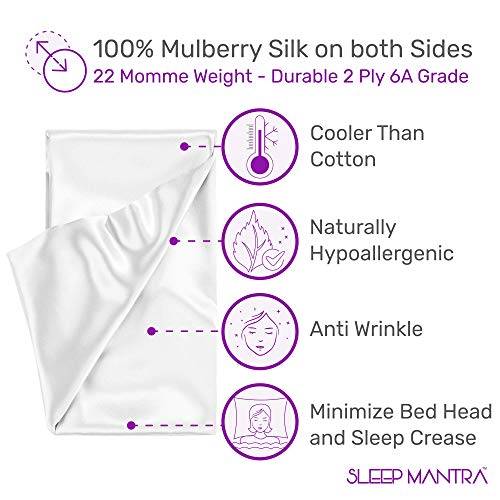 Sleep Mantra White Silk Pillowcase Queen Size - 20 x 30 Inch Pillow Cover with Hidden Zipper, 100% Silk 22 Momme Machine Washable Pillow Sham for Sensitive Skin and Hair - Thumbnail 2