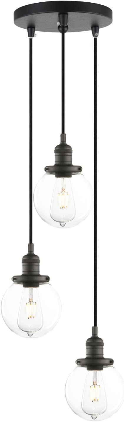 Phansthy Industrial Pendant 3 Lights Chandelier Flush Mount Light with Globe Glass Shade