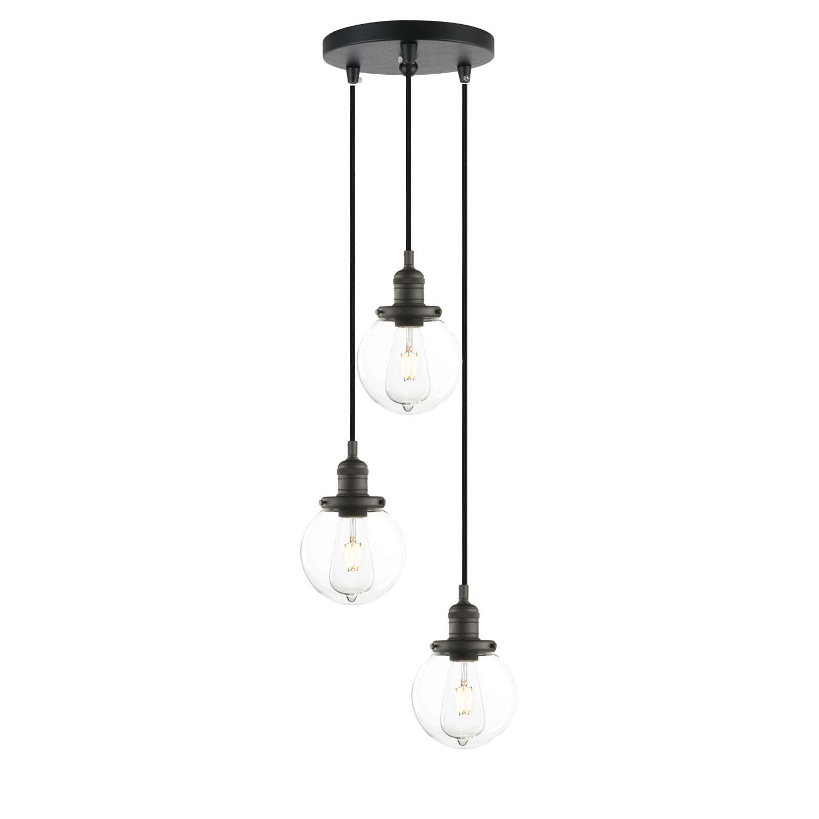 Phansthy Industrial Pendant 3 Lights Chandelier Flush Mount Light with Globe Glass Shade, E27 Hallway Light Ceiling Hanging Lamps for Living Room, Kitchen Modern Triple Pendant Lights (Black)