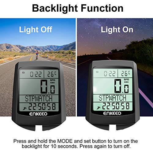 ENKEEO Bike Computer Wireless Bicycle Speedometer Waterproof Odometer with LCD Backlight, 5 Language Displays, Auto Power On/Off Systems, Current/AVG/MAX Speed Tracking, Multi Function for Cycling