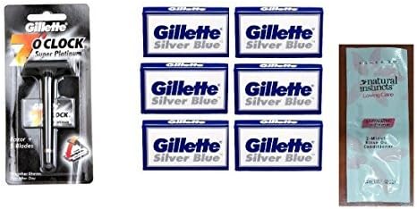 7 O'Clock Super Platinum Safety Razor w/ 5 Blades + Silver Blues Double Edge Blades, 5 ct. (Pack of 6) with FREE Loving Color trial size conditioner