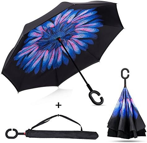 Inverted Umbrella Double Layer C-Hook丨Free Hands Inside-Out Reverse Folding Umbrella for Car Use UV Protection Windproof Creative Self Stand with Carrying Bag