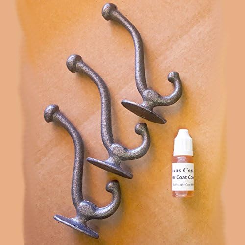 Cast Iron Coat Hooks - Set of 3 - Unpainted Raw Iron - 5'' High - Includes Clear Coating Compound