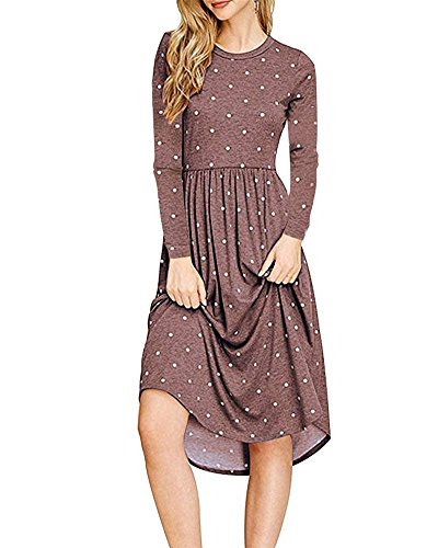 YOMISOY Women Polka Dot Dresses Pleated Long Sleeve Swing Casual Midi Dress with Pocket Coffee