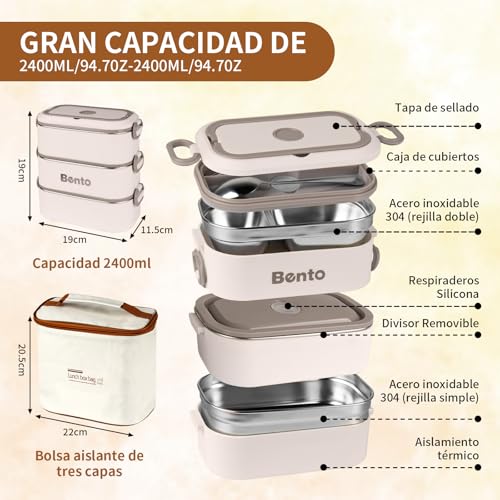LEMONSEA Bento Box, Lunch Box de 3 Capas de 2400 ml, Toppers para Lunch Antifugas, Acero Inoxidable y Material PP, Bento Lunch Box con Bolsa para Almuerzo y Cubierto, Adecuado para Escuelas y Oficinas