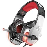 BENGOO V-4 Gaming Headset for Xbox One, PS4, PC, Controller, Noise Cancelling Over Ear Headphones Mic, LED Light Bass Surround Soft Memory Earmuffs for Computer Laptop Mac Nintendo Switch -Red