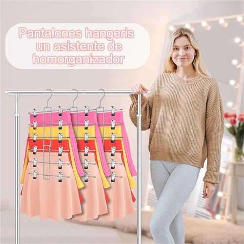 MCNVNZ Perchas para Falda con Pinzas, Paquete de 4 Ganchos Perchas para Pantalones Faldas Ropa, con Clip Antideslizantes Ahorra Espacio, Acero Inoxidable Color Plata, para Jeans,Faldas y Ropa Interior