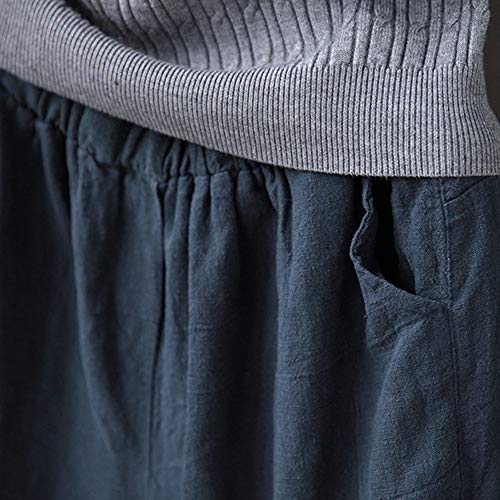 wodceeke Women Plus Size Pants, Elastic Casual Relaxed Loose Fit Cotton Linen Pants Harem Trousers Cropped Pants (L, Navy) - Thumbnail 3