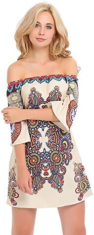 Boho Dress Women's Off the Shoulder with Bell Sleeve Shirt Dress By Yagoor beige small