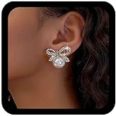 Allereyae Vintage Bow Pearl Stud Earrings Gold Cz Bow Earrings Bowknot Pearl Earring Crystal Bowknot Stud Earring Jewelry for Women