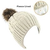 Women's Winter Fleece Lined Cable Knitted Pom Pom Beanie Hat, OS, Beige