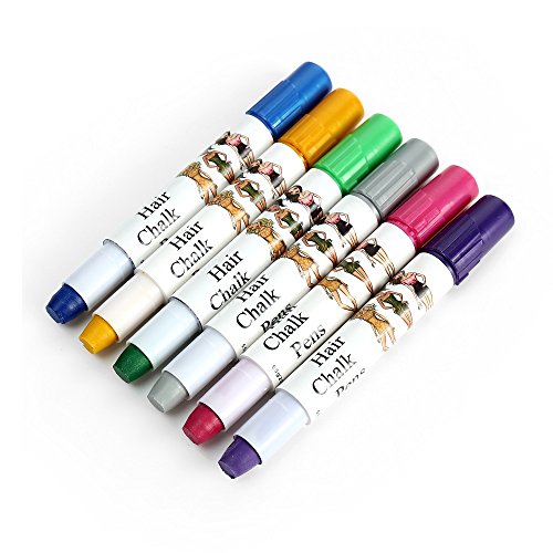 Professional Waxy Hair Chalk Pens Metallic Glitter Hair Dye Non-Toxic Temporary Hair Color-No Mess Works on All Hair Color Pack of 3 (Purple+Blue+Rose Red+Green+Silver+Gold)