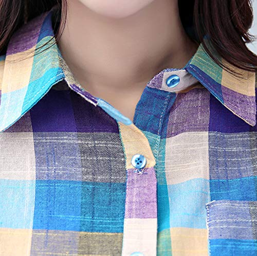 Usstore Women Girls Colorblock Plaid Casual Blouse Mandatory Full Sleeve Button Loose Daily Shirt Top Coat Cardigan (XXL, Blue)