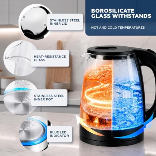 2L Electric Glass Tea Kettle, 1500W Fast Boil, Blue LED Light, 360° Cordless Base, Stainless Steel & Borosilicate, Large Capacity with Water Level Gauge