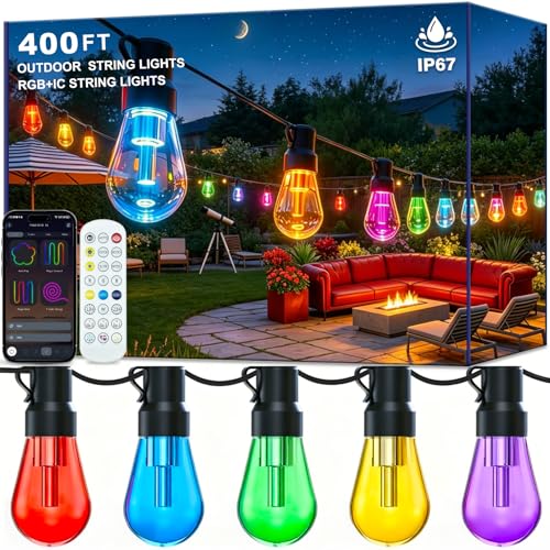 AILBTON 400FT RGB+IC Smart Outdoor String Lights, IP67 Waterproof LED Color Changing Clear Bulb String Lights with App & Remote Control, Shatterproof Hanging Patio Lights for Backyard Garden Party