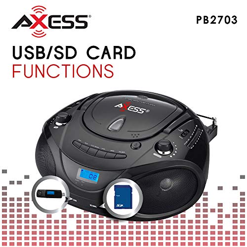 AXESS PB2703 Portable MP3/CD Boombox with AM/FM Stereo, USB, SD, MMC (Black)