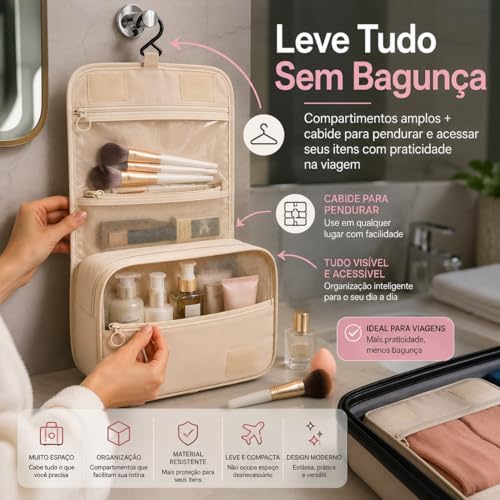 Bolsa Necessaire Maquiagem Cosméticos Feminina Viagem Com Divisória e Cabide para Pendurar Organizador de Maquiagem Muito Espaço para Maquiagem Shampoo Perfumes Higiene Pessoal (Preto)