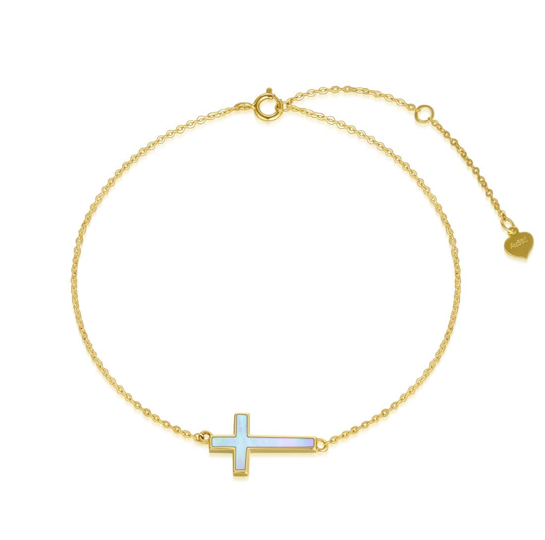 SISGEM 9 ct Gold Cross Bracelet, Solid Gold Mother of Pearl Charm Bracelet, Dainty Link Bracelet, for Women Ladies Men Girl Boy