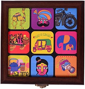 Intelligent Idiots Indian Themes Printed Wood Storage Box, Texturize Design with Colorful Print to Store Your Jewelry/Chocolates/Dryfruts & More Attractively, Ideal Gift (5.3 X 5.3 inch)