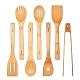 Bamboo Cooking Utensils Set 7-Piece - Wooden Cooking Utensils Set For Kitchen - Bamboo Cooking Tools For Non Stick Cookware (Wooden Spatulas, Bamboo Cooking Spoons, Turner & Tongs) - BlauKe