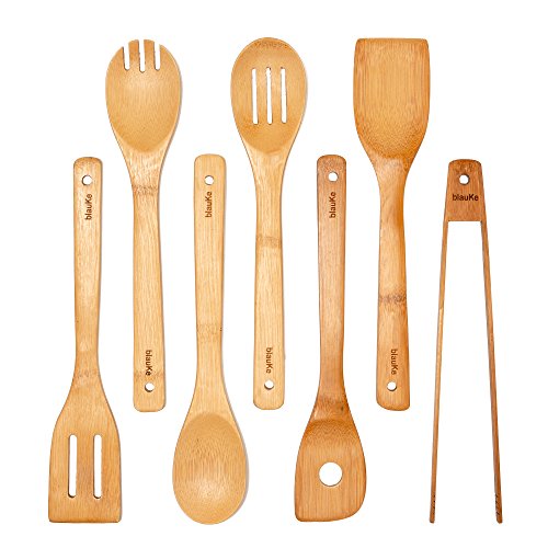 Bamboo Cooking Utensils Set 7-Piece - Wooden Cooking Utensils Set For Kitchen - Bamboo Cooking Tools For Non Stick Cookware (Wooden Spatulas, Bamboo Cooking Spoons, Turner & Tongs) - BlauKe