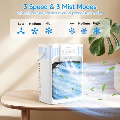 Portable Air Conditioners with Remote for Bedroom, 4-IN-1 Personal Evaporative Air Cooler with 3 Speeds & 3 Mist, 7-Color Night Light, 2-8H Timer, 1200ML Mini Air Conditioner Cooling Fan for Office