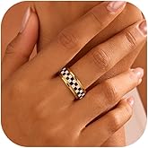 Rokoez Checkered Fidget Mood Ring for Adults - 18K Gold Plated Stainless steel Rotating Spinner Statement stack mood Rings, Anxiety & Stress Relief Gift for Women/Men (Black and White Pattern) (Size 10)