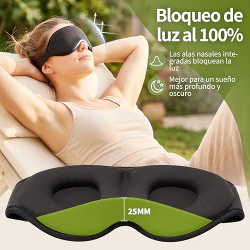 WakeSpring 3D Antifaz para Dormir, Copas Profundas Sin Presión en los Ojos, Correa Ajustable, Tela Suave y Transpirable, con Bolsa de Viaje y Tapones para Oídos, Set de Viaje