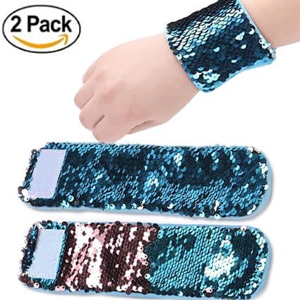 Mermaid Bracelet-2 Color Reversible Sequin Wristband Bracelet Fashion Glitter Bangle (2 Pack, Blue and Pink)