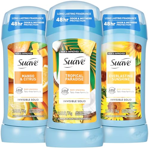 Suave Antiperspirant Deodorant for Women Variety 3-Pack – Tropical Paradise, Mango & Citrus + Everlasting Sunshine, Anti-Staining Invisible Solid, Talc-Free, 2.7 Oz Ea