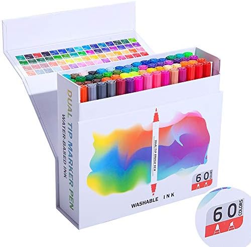 Hethrone 60-Color Dual Tip Brush Pens, Dual Tip Marker Pens Water Based Ink for DIY Coloring Book, Sketching, Painting, Drawing, Manga Fashion Design(60-Color)