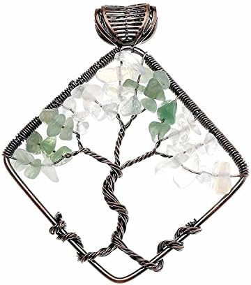 Antique Brass Tree of Life Wire Wrapped Tumbled Gemstones Pendent with Chain Necklace