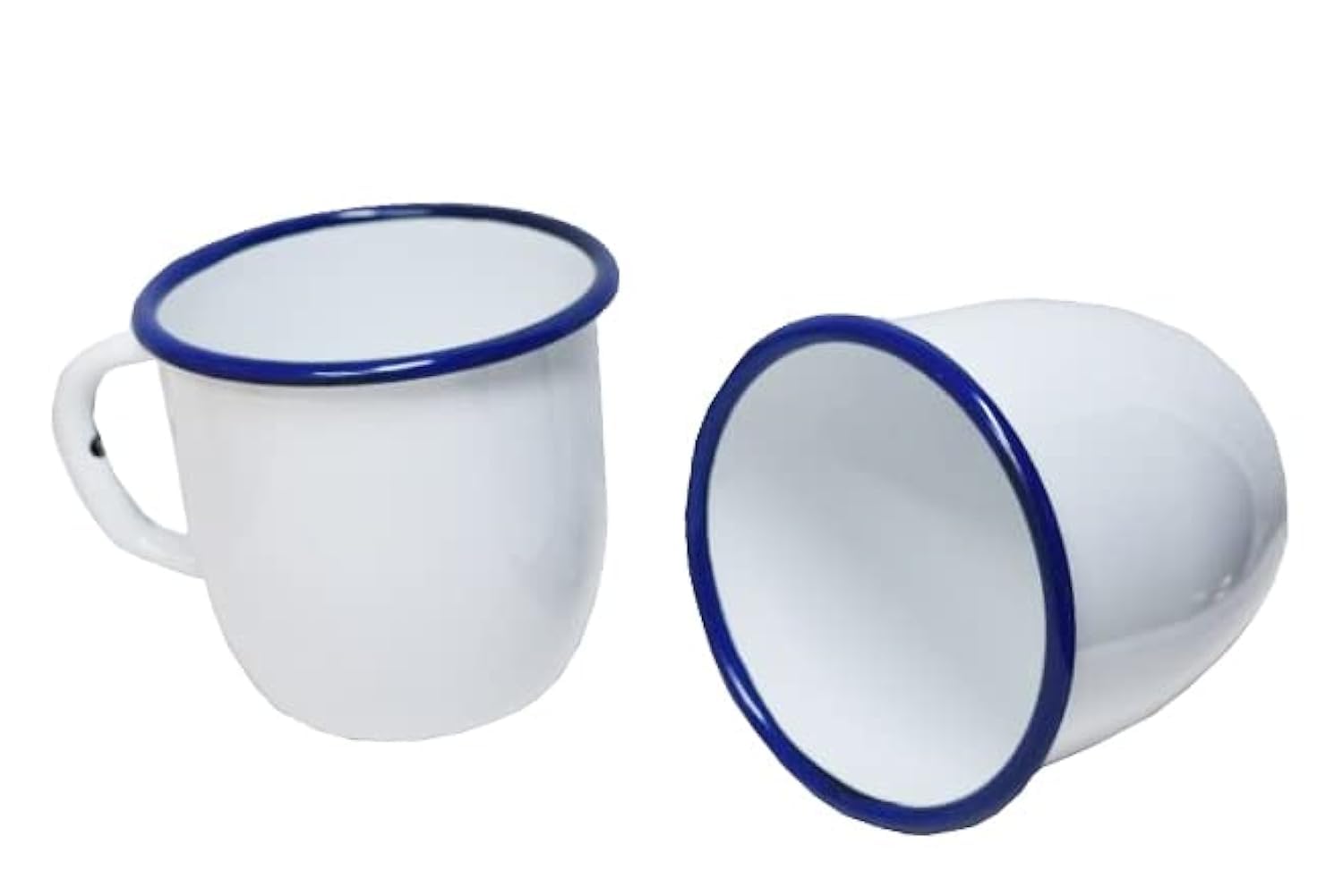 Madacha 2 x 250ml Metal Enamel Mugs Conical White with Blue Trim