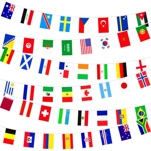 Coicok drapeau coupe du monde 2026, 15m banderole deco coupe du monde 2026, 48 Drapeaux de équipes qualifiées guirlande pour Football Fans Bar Jardin Clubs Sportifs Événements Décorations(14 * 21CM)