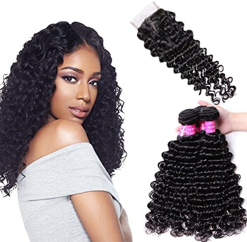 Brazilian Deep Wave 3 Bundles with Closure Unprocessed virgin hair with Lace Closure Hair Extensions Natural Colour(10 12 14+10)