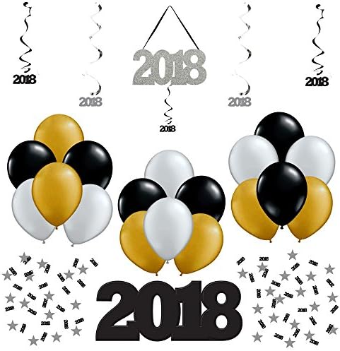 2018 Graduation Decorations Party Bundle - Bundle Includes Embossed Cutout, Glitter Sign, Dizzy Danglers, Confetti and Balloons!
