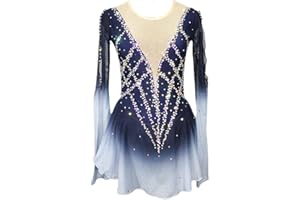 ARTSKATTING Figure Skating Dress,Girls Blue Patchwork Mesh Spandex Stretchy Rhinestone Skating Performance Competition Wear Costume
