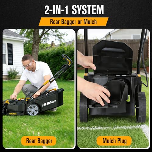 HEINPRO 14" Cordless Lawn Mower Compatible with Dewalt 20V MAX Battery, 2-in-1 Brushless Electric Lawn Mower for Small Yards, Push Mowers with 5-Position Height Adjustment, Black (Tool Only)