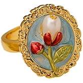 Kokoma Vintage Tulip Floral Pearl Rings Geometry Oval Pearls Flower Statement Open Engagement Bands Ring Wedding Adjustable Jewelry for Women