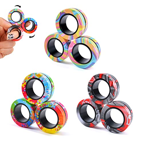 Cevioce 9Pcs Magnetic Rings Fidget Toys Adults Teens Boys ADHD Anxiety Magnetic Fidgets for Kids Fidget Spinner Rings fo