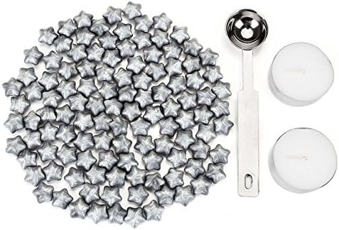 Silver Sealing Wax Beads Houseer 140 Pieces SRARS Wax Seal Beads Kit with a Wax Melting Spoon and 2 Pieces Candles for Wax Seal Stamp (Silver)