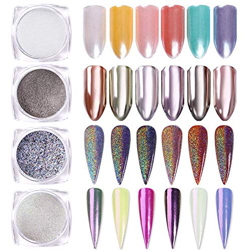 BORN PRETTY 4 Boxes Nail Art Powder Mirror Holographic Laser Colorful Neon Pearl Pigment Manicuring Glitter Dust